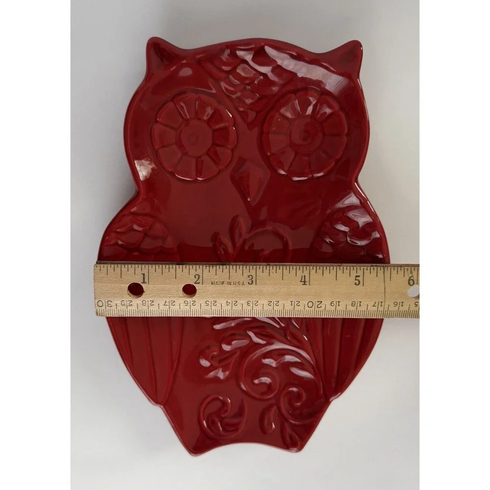 Owl Red Ceramic Spoon Rest Trinket Dish Decor Floral Scroll Glazed Garnet Fall